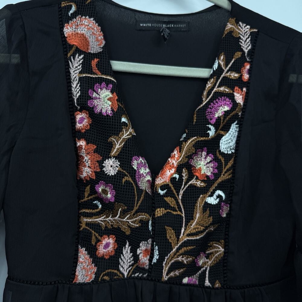 WHBM Embroidered Sheer Blouse XS Black Floral Boho Bell Sleeve Romantic - Picture 3 of 10